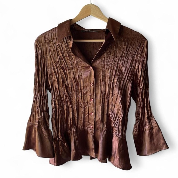 Violet & Claire Tops - Y2K Satin Brown Crinkle Blouse with Flared Sleeves